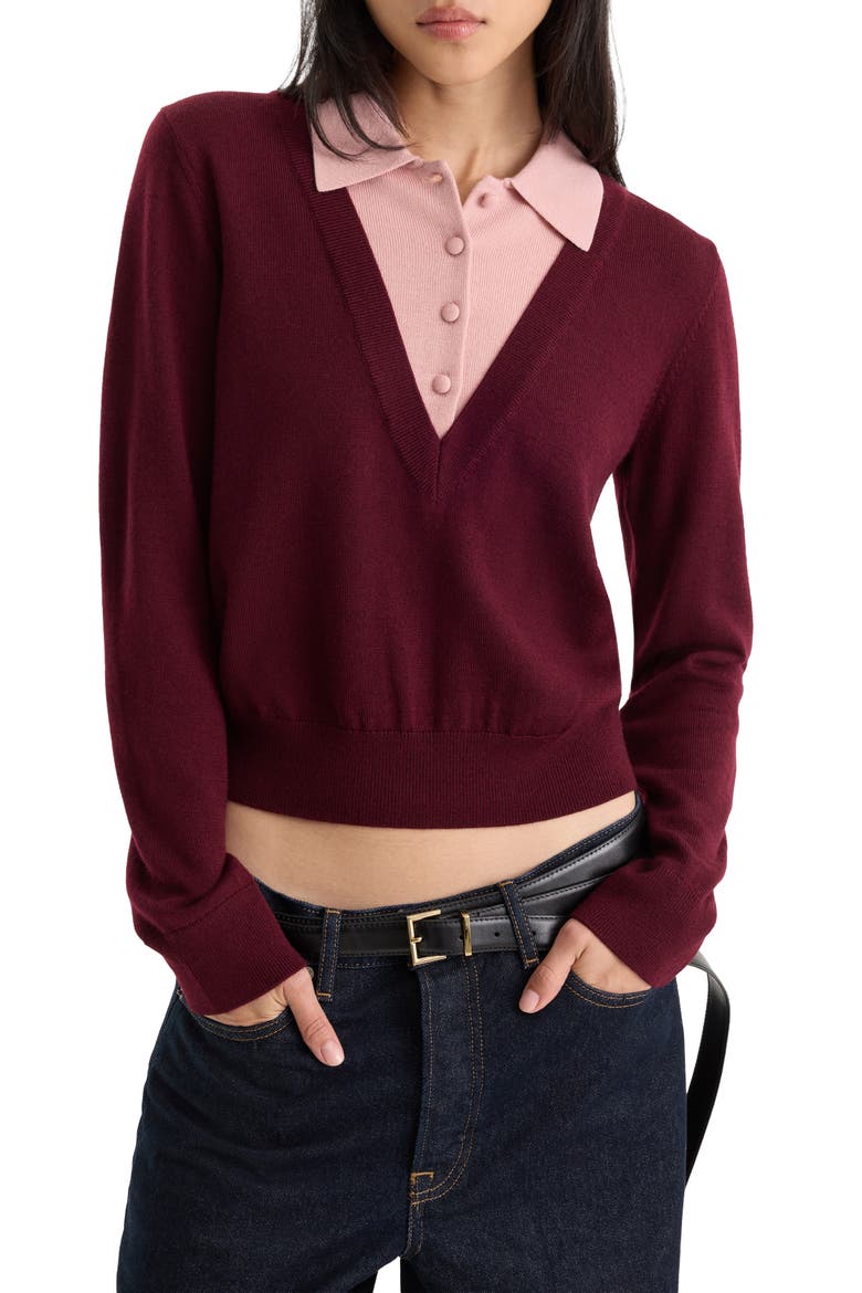 The Two-in-One Merino Wool V-Neck Sweater, Main, color, BERRY NOIR WITH BLUSH