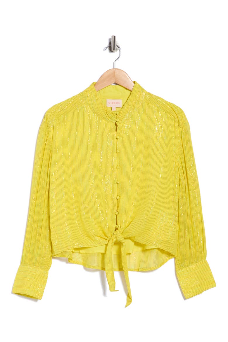 Aurora Metallic Tie Front Top, Alternate, color, BRIGHT YELLOW