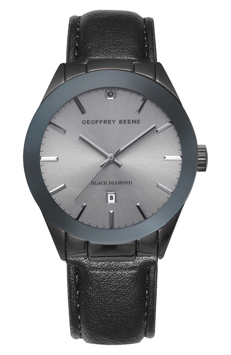 GEOFFREY BEENE Genuine Black Diamond Leather Strap Watch, 41mm - 0.001ct., Main, color, 