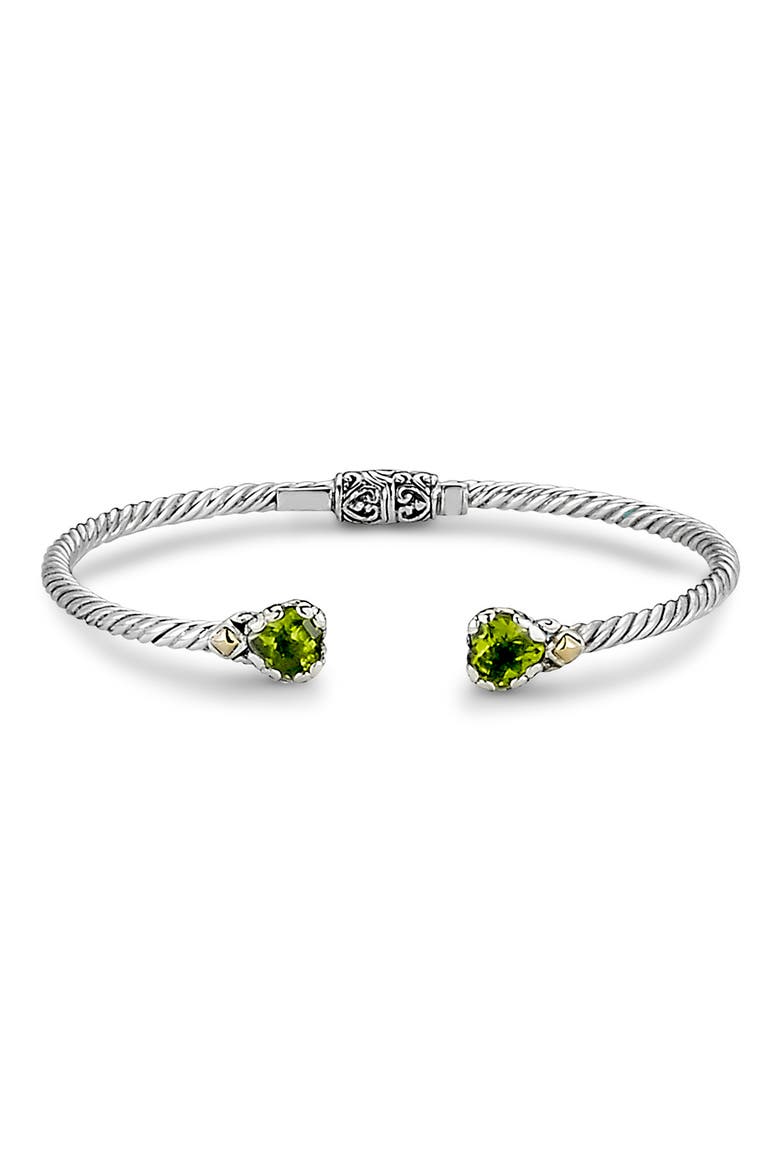 Sterling Silver & 18k Gold Peridot Heart Bangle, Main, color, GREEN