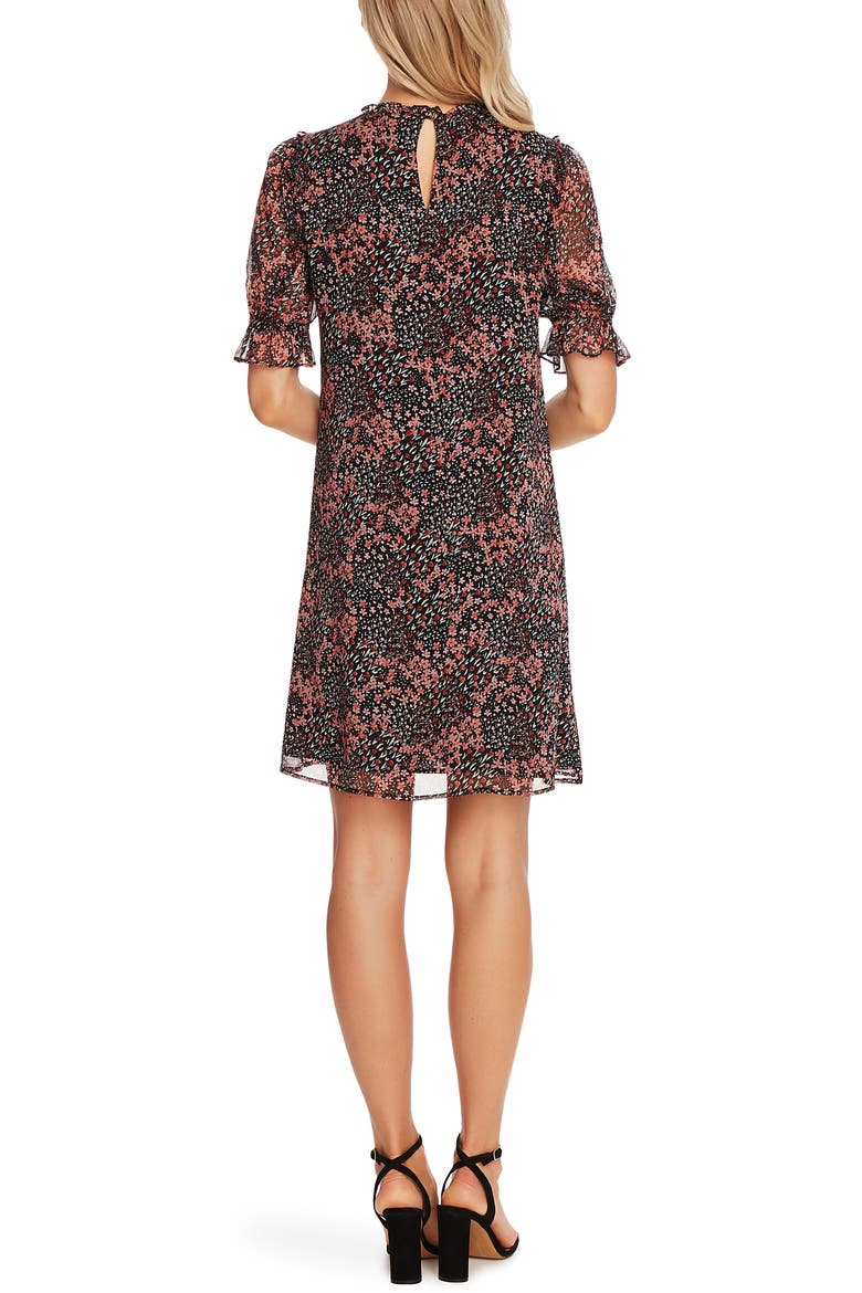 Ditsy Blossom Puff Sleeve Chiffon Dress, Alternate, color, RICH BLACK