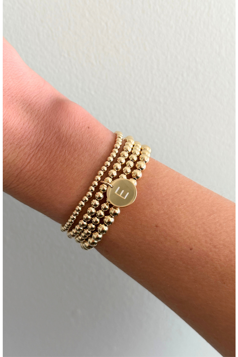 Classic Initial Coin 14k Gold Filled Bead Four Bracelet Stack, Alternate, color, Gold E