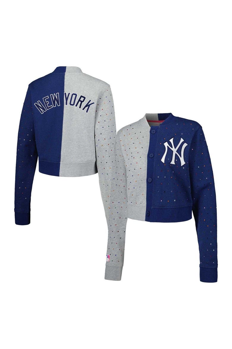 Women's Terez Gray/Navy New York Yankees Cropped Button-Up Cardigan, Main, color, Gray