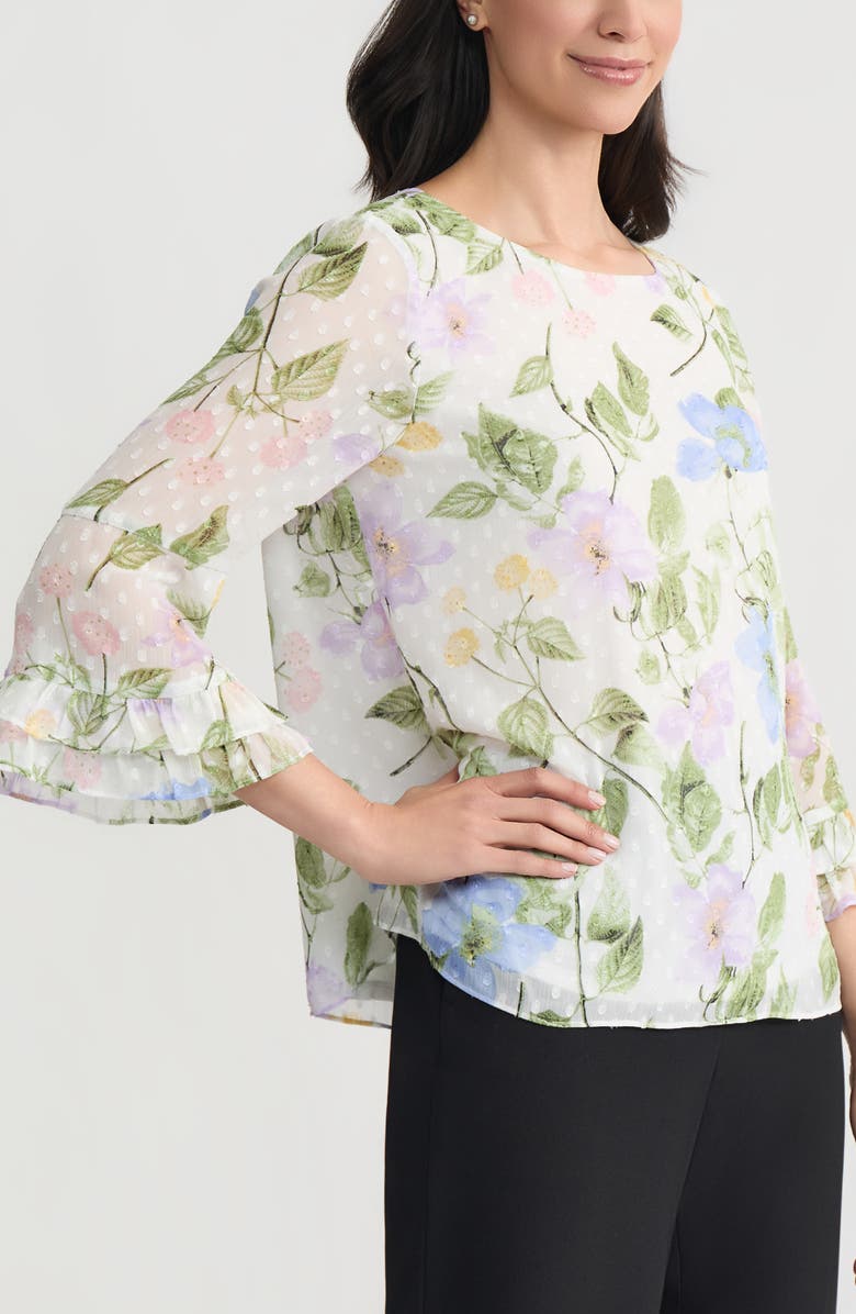 KASPER Floral Print Ruffle Sleeve Shirt, Alternate, color, Lily White Multi