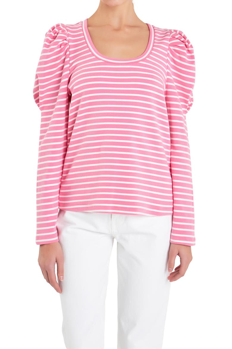 Stripe Puff Sleeve Knit Top, Alternate, color, PINK/WHITE