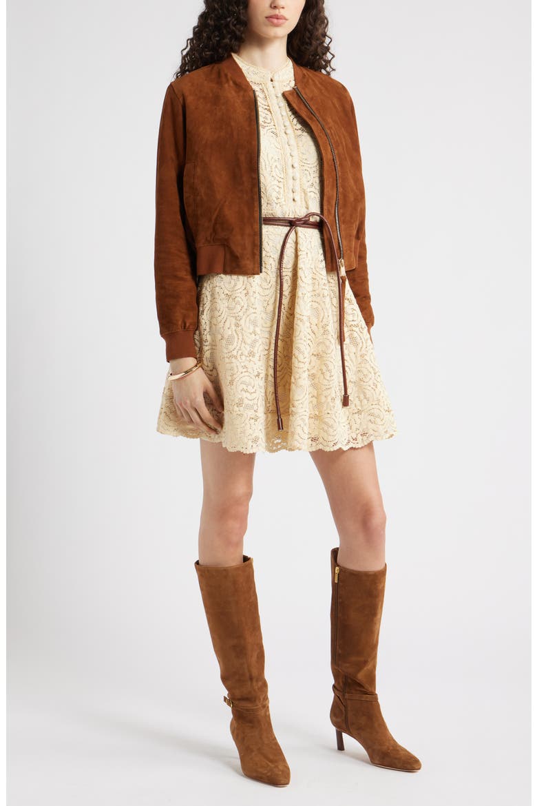 Long Sleeve Belted Lace Minidress, Alternate, color, TAN BISCOTTI