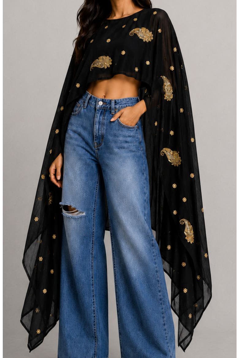Rimi Embroidered Georgette Cape Top, Alternate, color, BLACK
