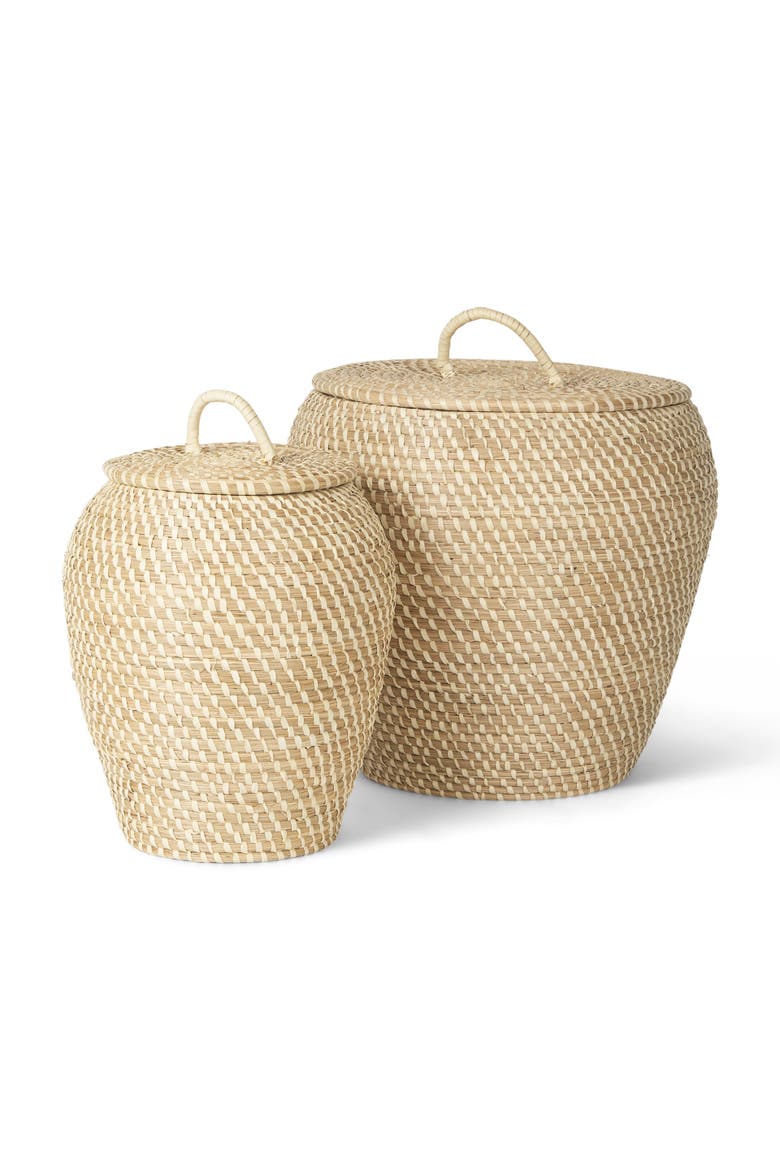 Kalopa Set of 2 Seagrass Floor Baskets with Flat Handled Lid, Main, color, Brown