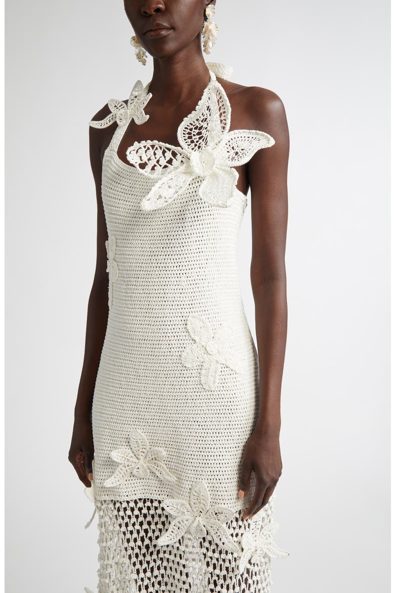 Orchid Motif Halter Neck Crochet Midi Dress, Alternate, color, IVORY