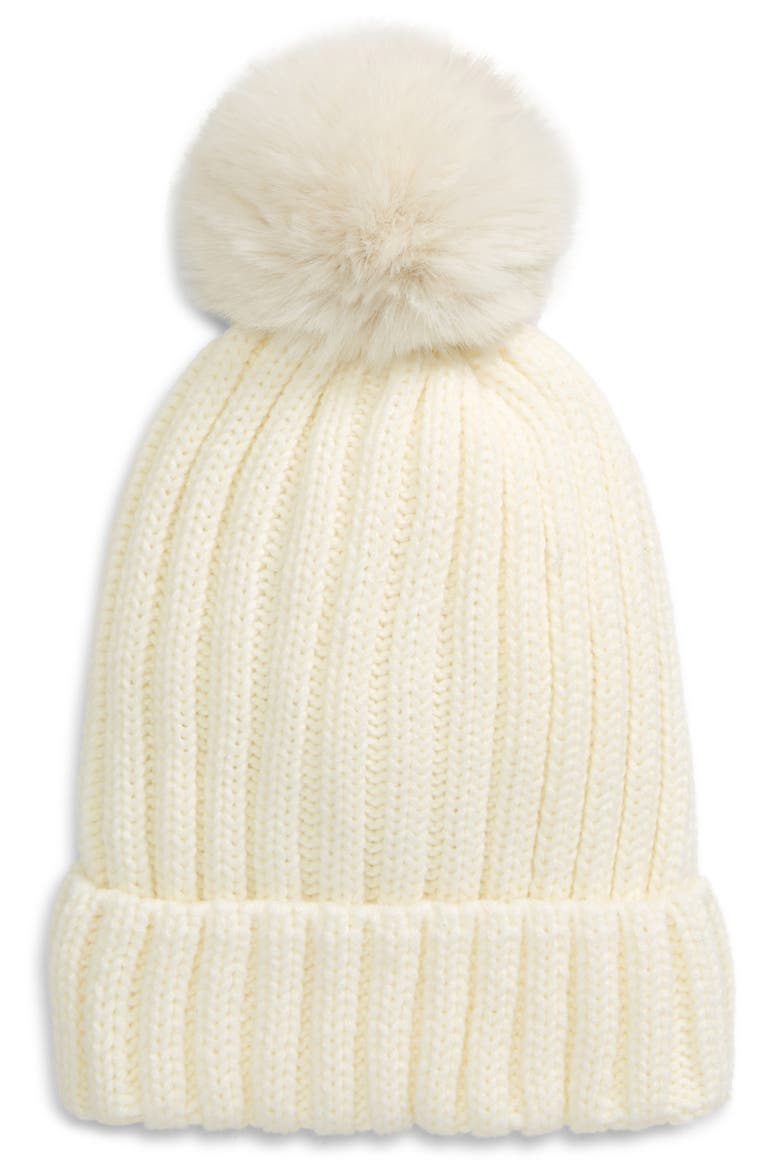 Beanie with Faux Fur Pom, Main, color, IVORY