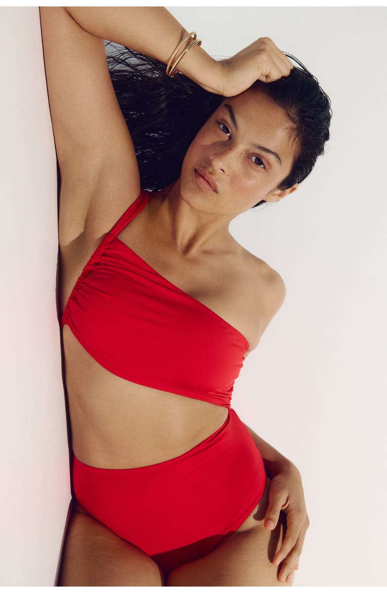 H&M One-shoulder Cut-out Swimsuit, Main, color, Bright Red