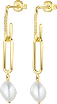 DPT Antwerp Elaine Diamond Earrings | 10 natural diamonds - 2 freshwater pearls | 925 Sterling Silver | Earrings | Pin | Yellow 18k-Gold Plated