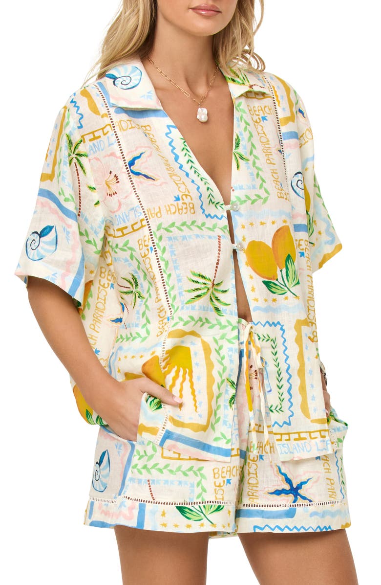LSPACE La Mer Embroidered Cover-Up Shirt, Alternate, color, Wish You Were Here