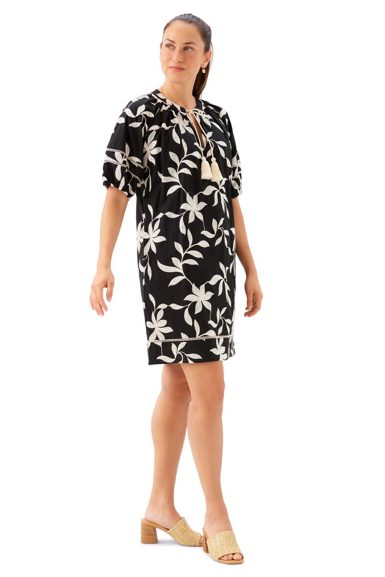Floral Embroidered Puff Sleeve Cotton Shift Dress, Alternate, color, BLACK