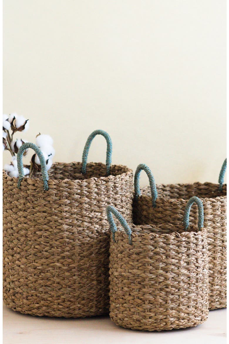 Seagrass Woven Baskets with Sky Blue Handles, Set of 3, Alternate, color, Natural