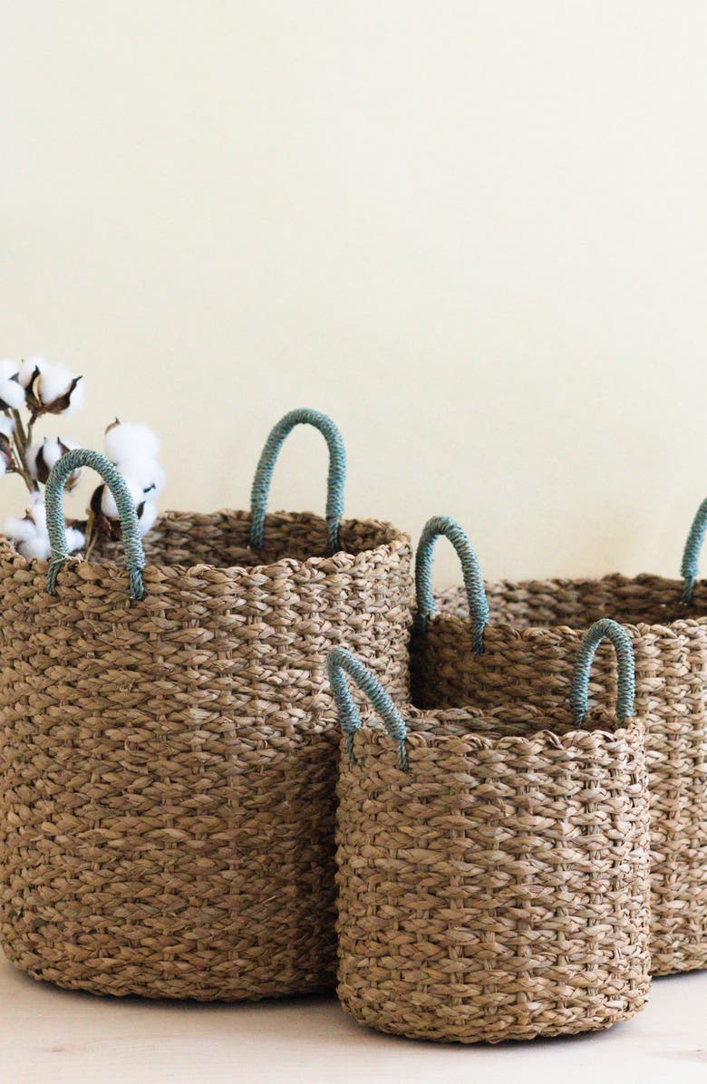 LIKHA Seagrass Woven Baskets with Sky Blue Handles, Set of 3, Alternate, color, Natural