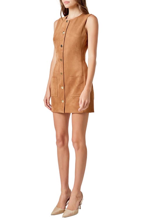 Endless Rose Faux Suede Round Neck Buttoned Mini Dress Camel In Brown