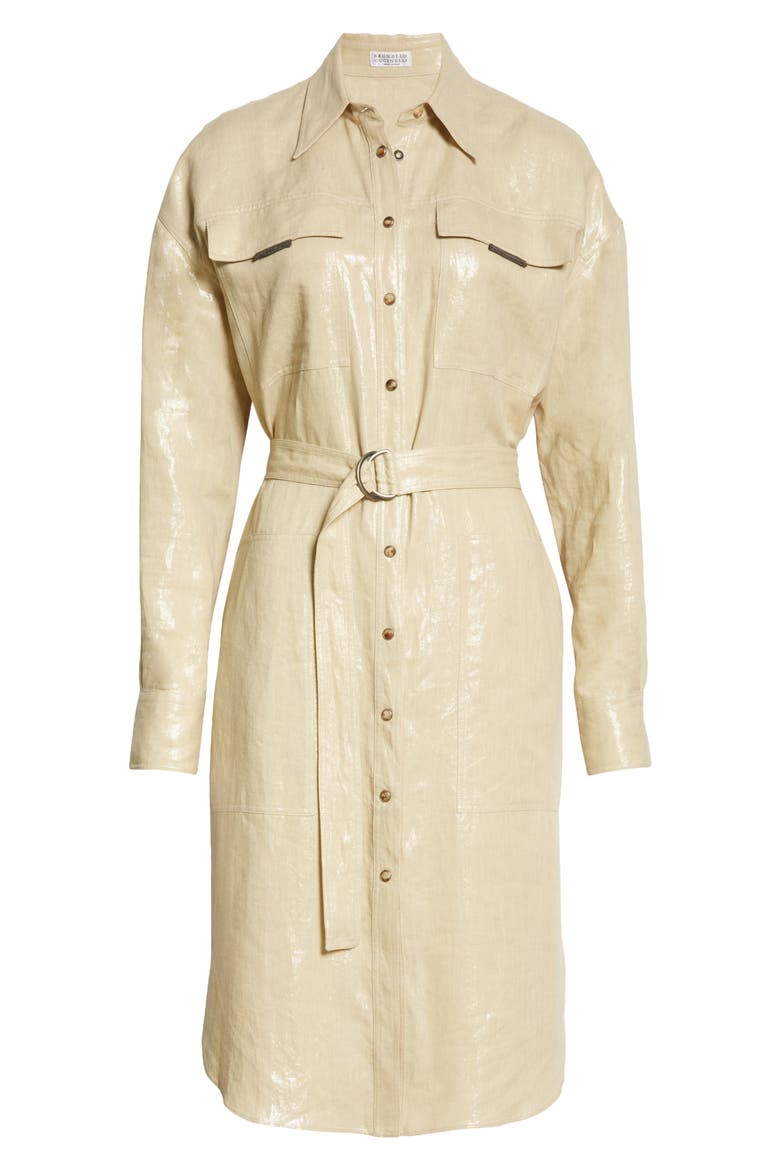 Metallic Linen Long Sleeve Shirtdress, Alternate, color, PLATINO