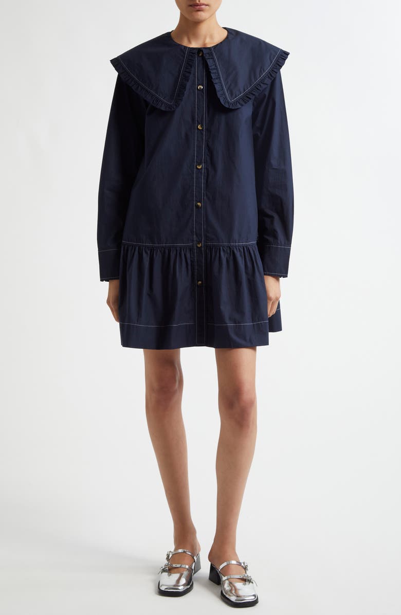 Ganni Big Collar Long Sleeve Organic Cotton Poplin Minidress, Main, color, 