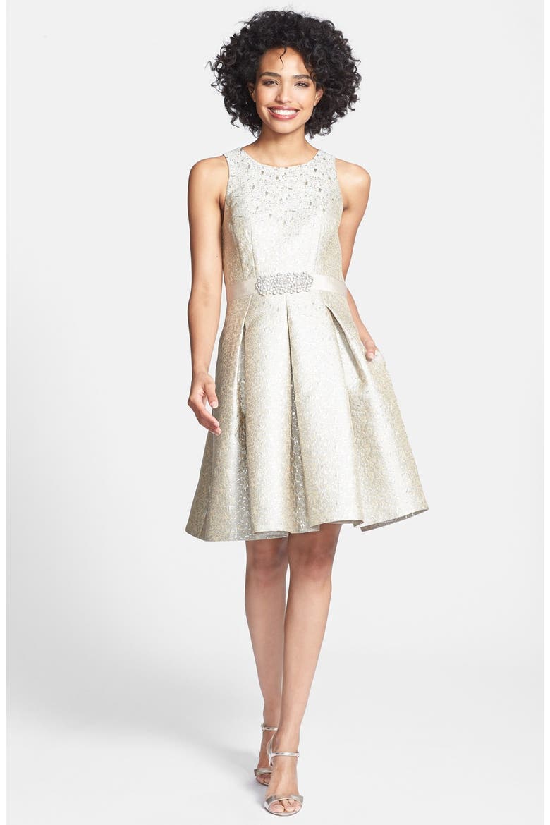 Embellished Metallic Jacquard Fit & Flare Dress, Alternate, color, SILVER