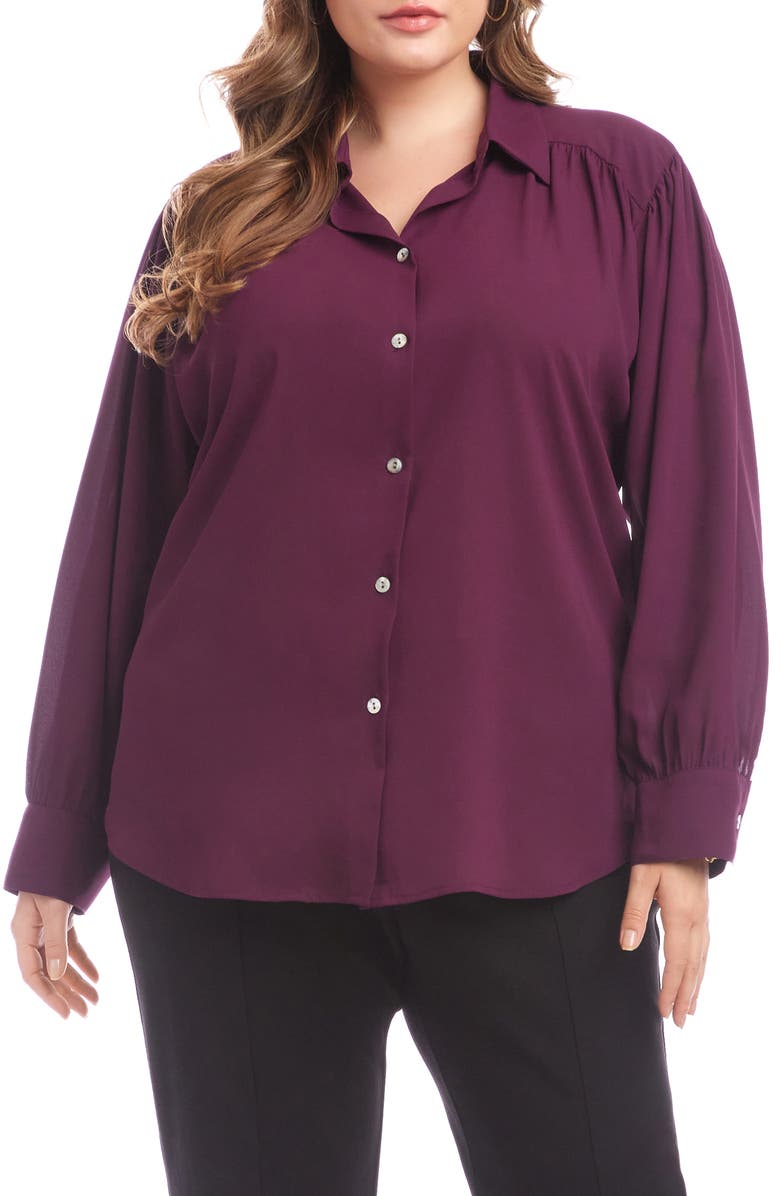 Karen Kane Drapey Crepe Button-Up Shirt, Main, color, Eggplant