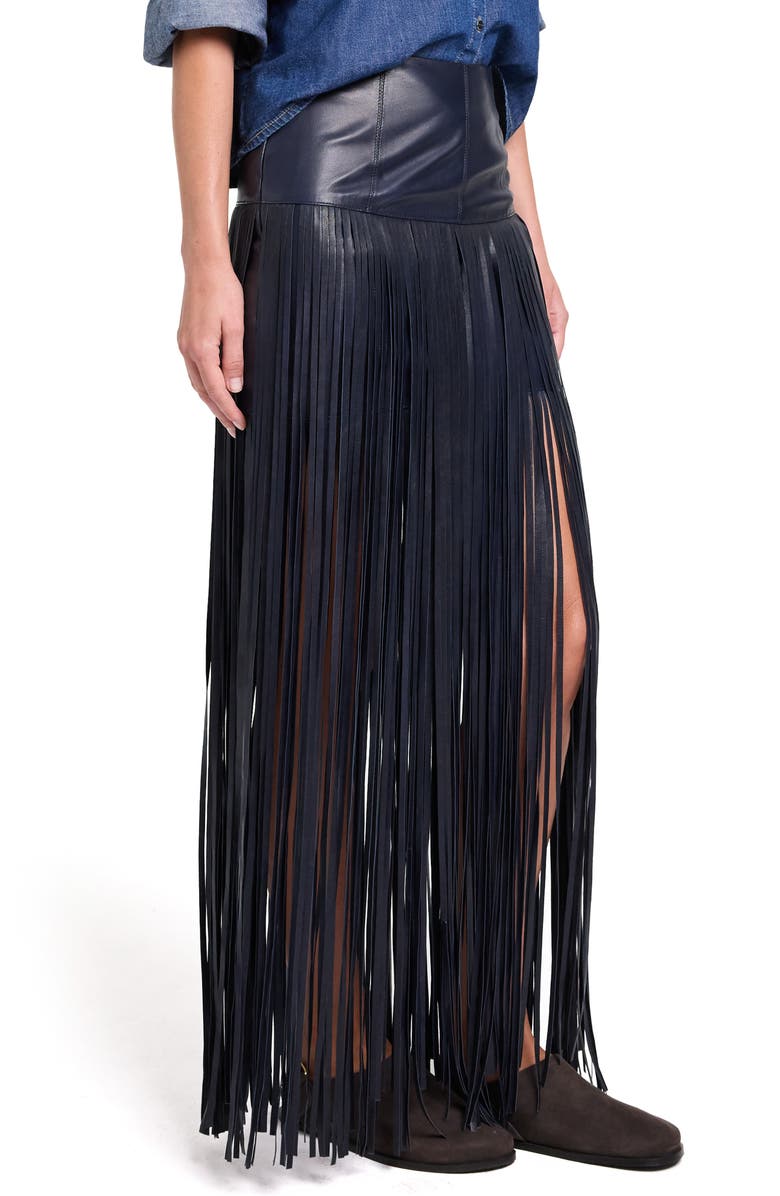 TWP Tangled Up Genuine Leather Fringe Skirt, Alternate, color, Midnight