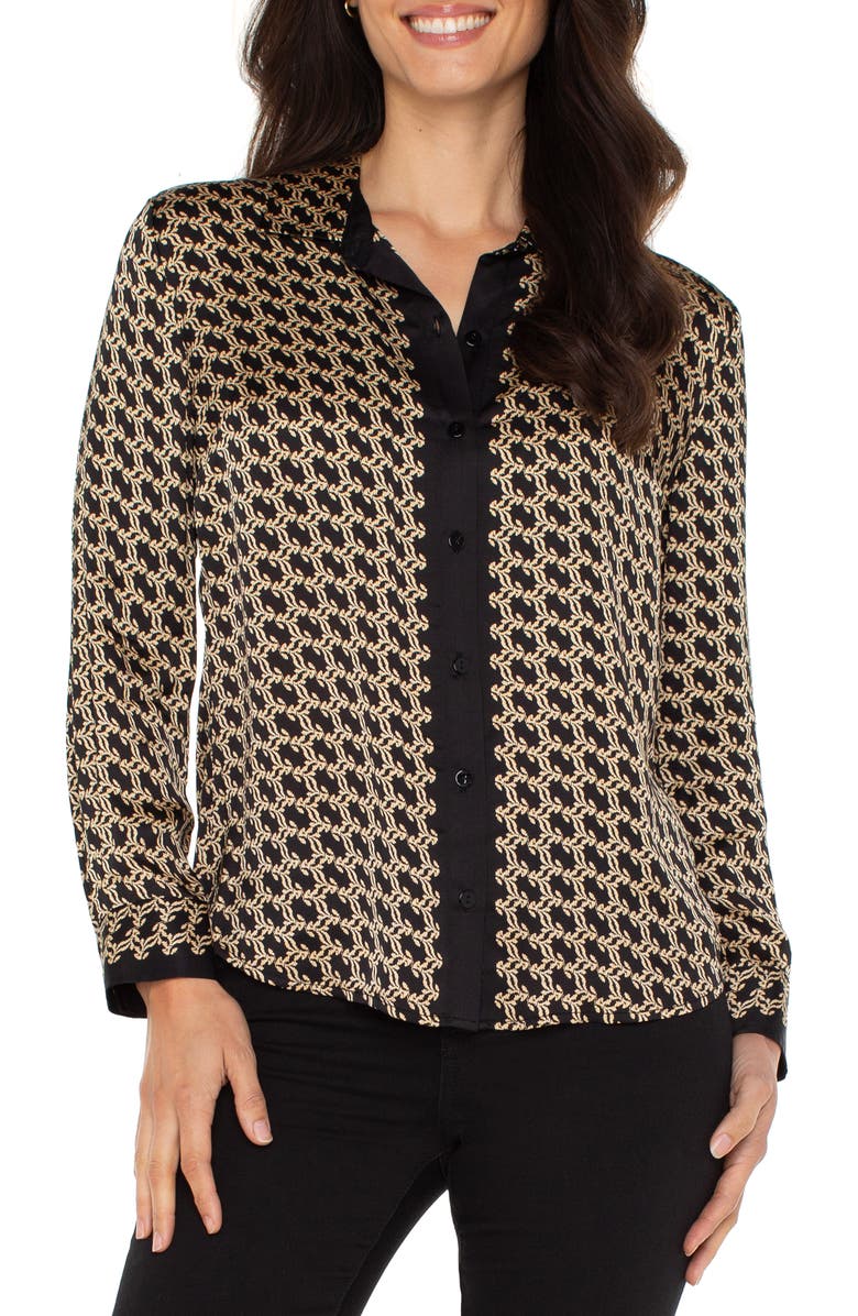 Liverpool Los Angeles Abstract Print Button-Up Shirt, Main, color, Black Gold Combo