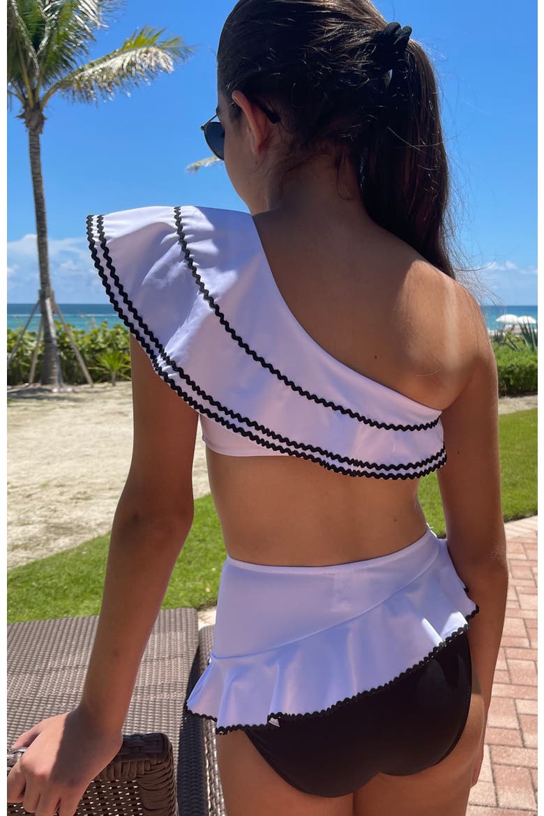 Kids' Asymmetrical One-Shoulder Ruffled Two Piece Bikini, Alternate, color, White