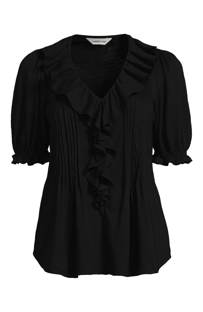 Lands' End Puff Sleeve Slub Ruffle Pintuck Top, Alternate, color, Black