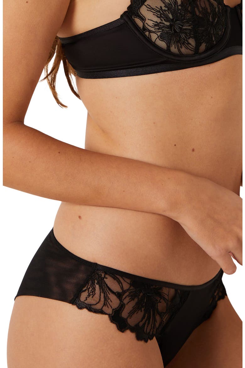 Amaryllis Lace & Satin Hipster Panties, Alternate, color, BLACK