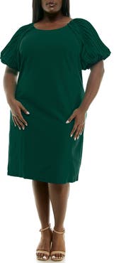 Nina Leonard Pleat Puff Sleeve Midi Dress