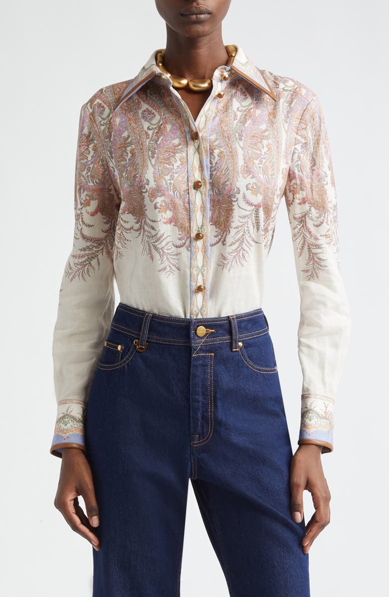 Zimmermann Alchemy Paisley Ramie Button-Up Shirt, Main, color, Cream Paisley