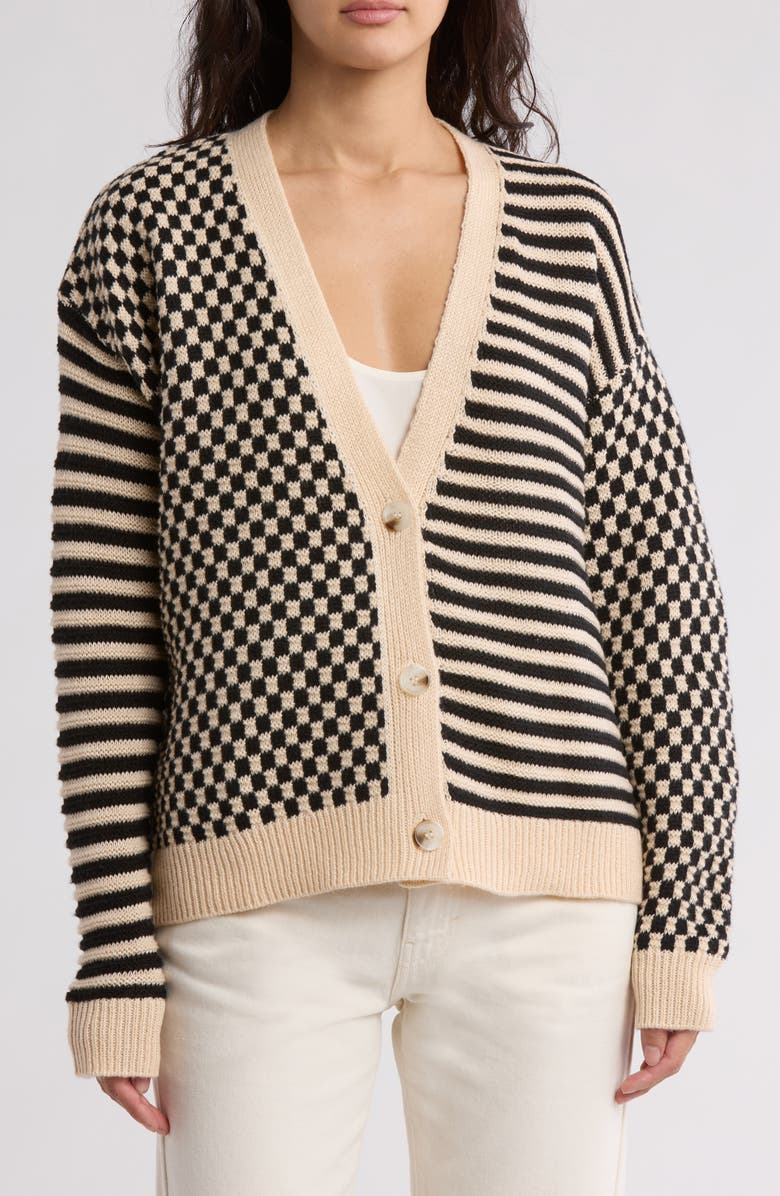 Bobeau Checks & Stripes Cardigan, Main, color, Black/ Tan