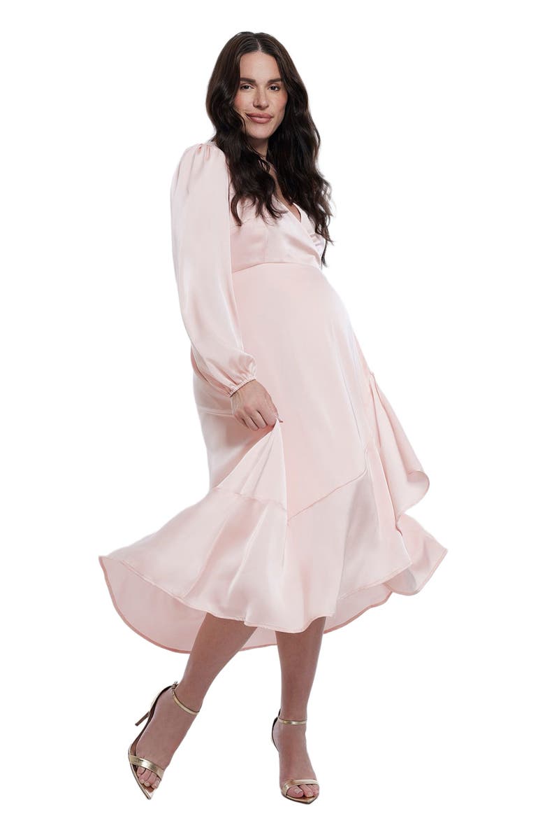 MOTHERHOOD MATERNITY Woven Wrap Long Sleeve Midi Dress, Main, color, Lotus