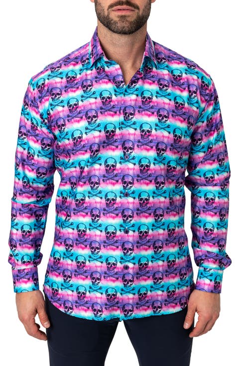 Fibonacci Regular Fit Skulldye Purple Button-Up Shirt