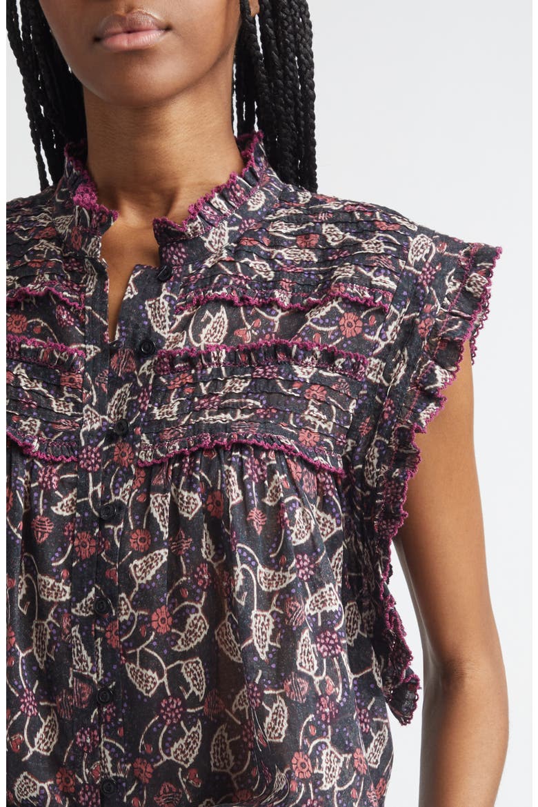 Dersia Floral Ruffled Cotton Top, Alternate, color, BLACK/ RASPBERRY