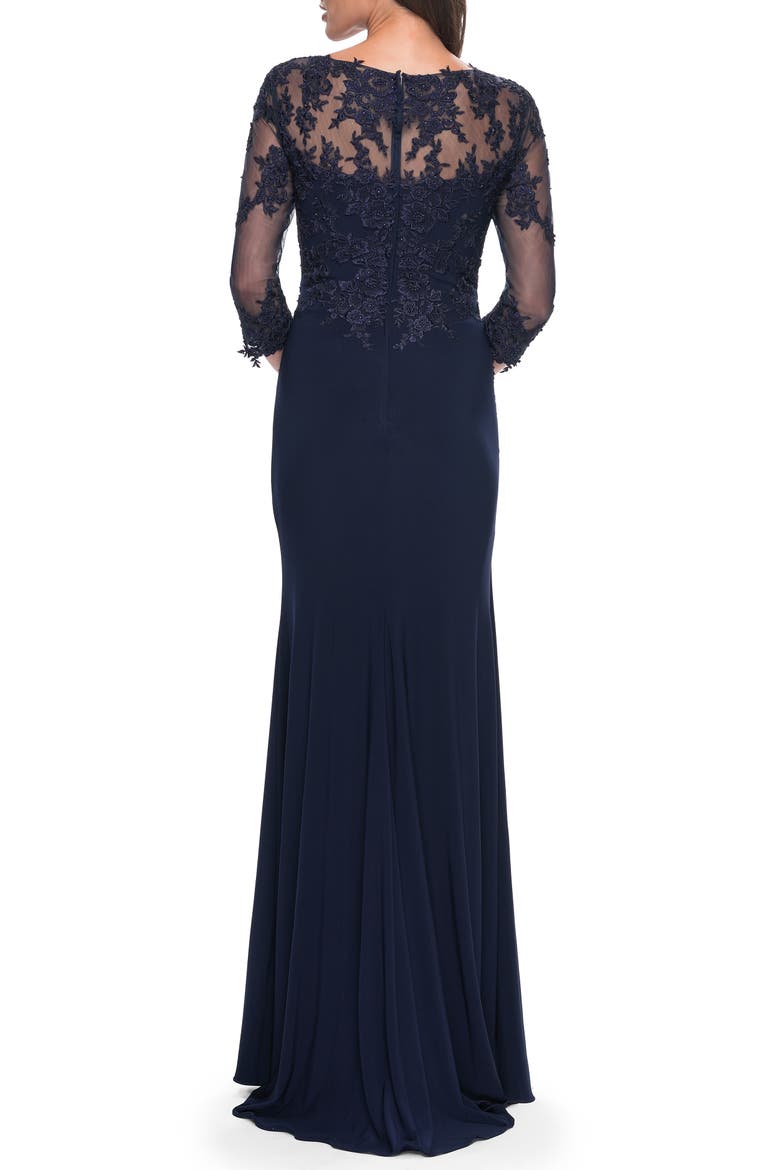 Lace and Net Jersey Gown with Illusion Sleeves, Alternate, color, Navy