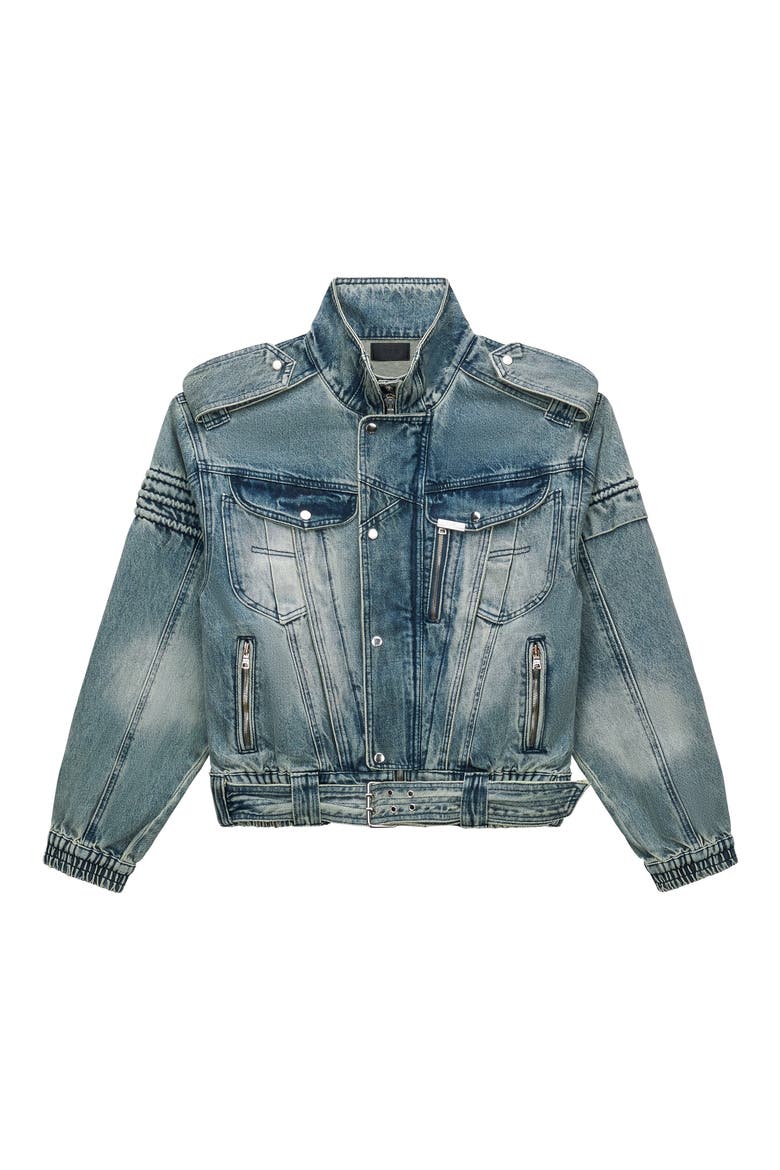 Rui Crop Denim Moto Jacket, Main, color, DAWN WAVE