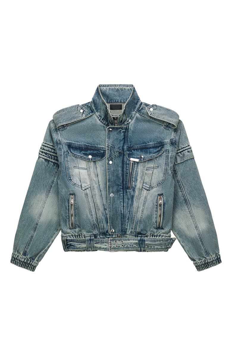 RtA Rui Crop Denim Moto Jacket, Main, color, Dawn Wave