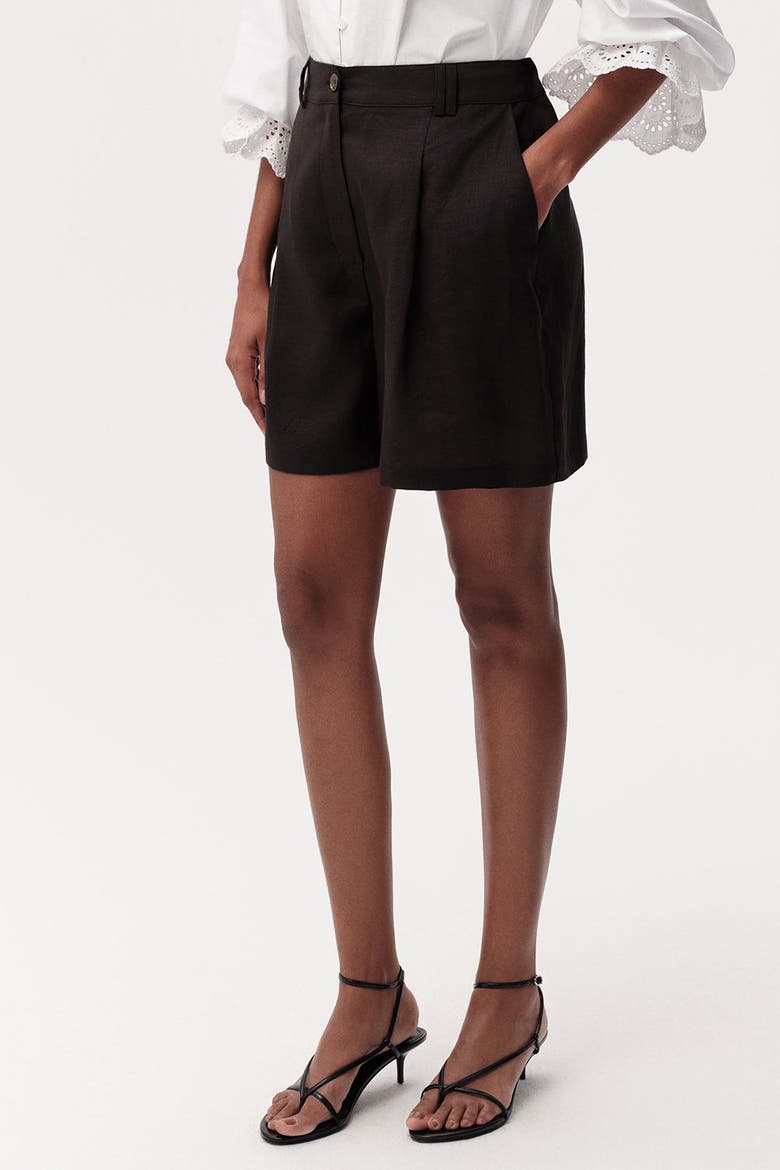 Donovan High Waist Pleated Linen Shorts, Alternate, color, Black