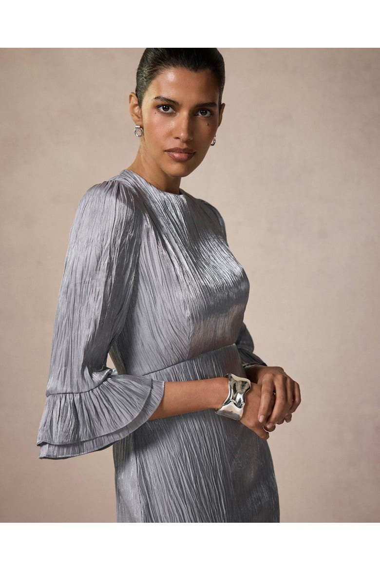 Metallic Ruffle Sleeve Midi Dress, Alternate, color, Silver