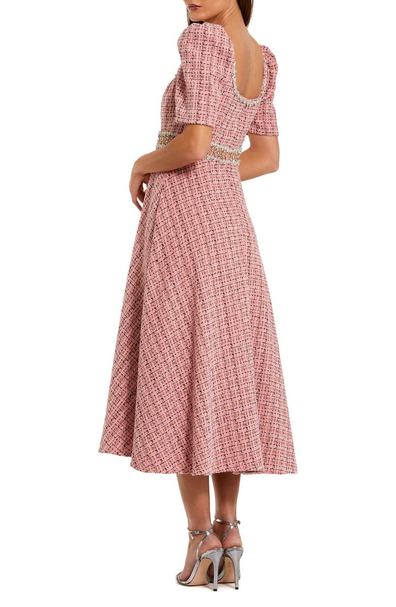 Mac Duggal Puff Sleeve Boucle Midi Dress With Beaded Belt, Alternate, color, Pink Multi