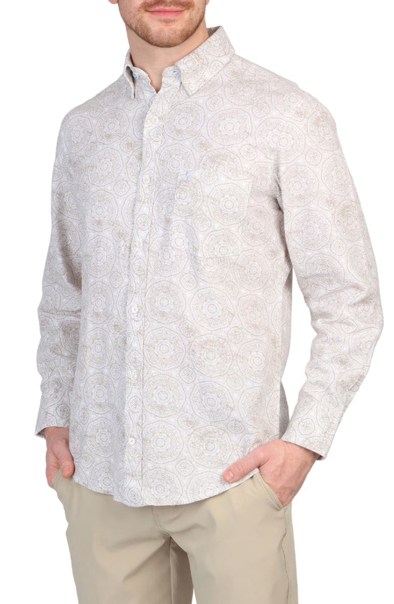 TailorByrd Batik Print Linen Blend Button-Down Shirt, Main, color, Dove White