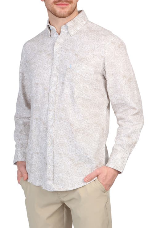 Batik Print Linen Blend Button-Down Shirt