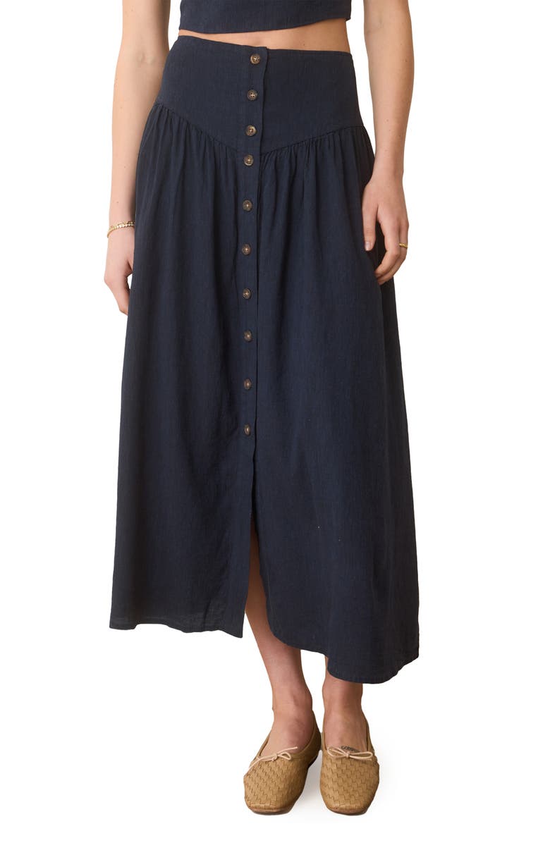 Marine Layer Jade Button Front Hemp Blend Midi Skirt, Main, color,