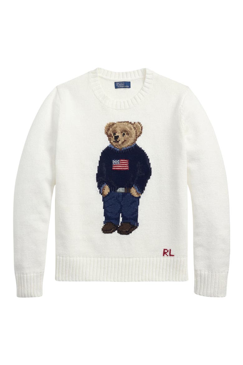 Polo Bear Embroidered Linen & Cotton Crewneck Sweater, Alternate, color, DECKWASH WHITE MULTI