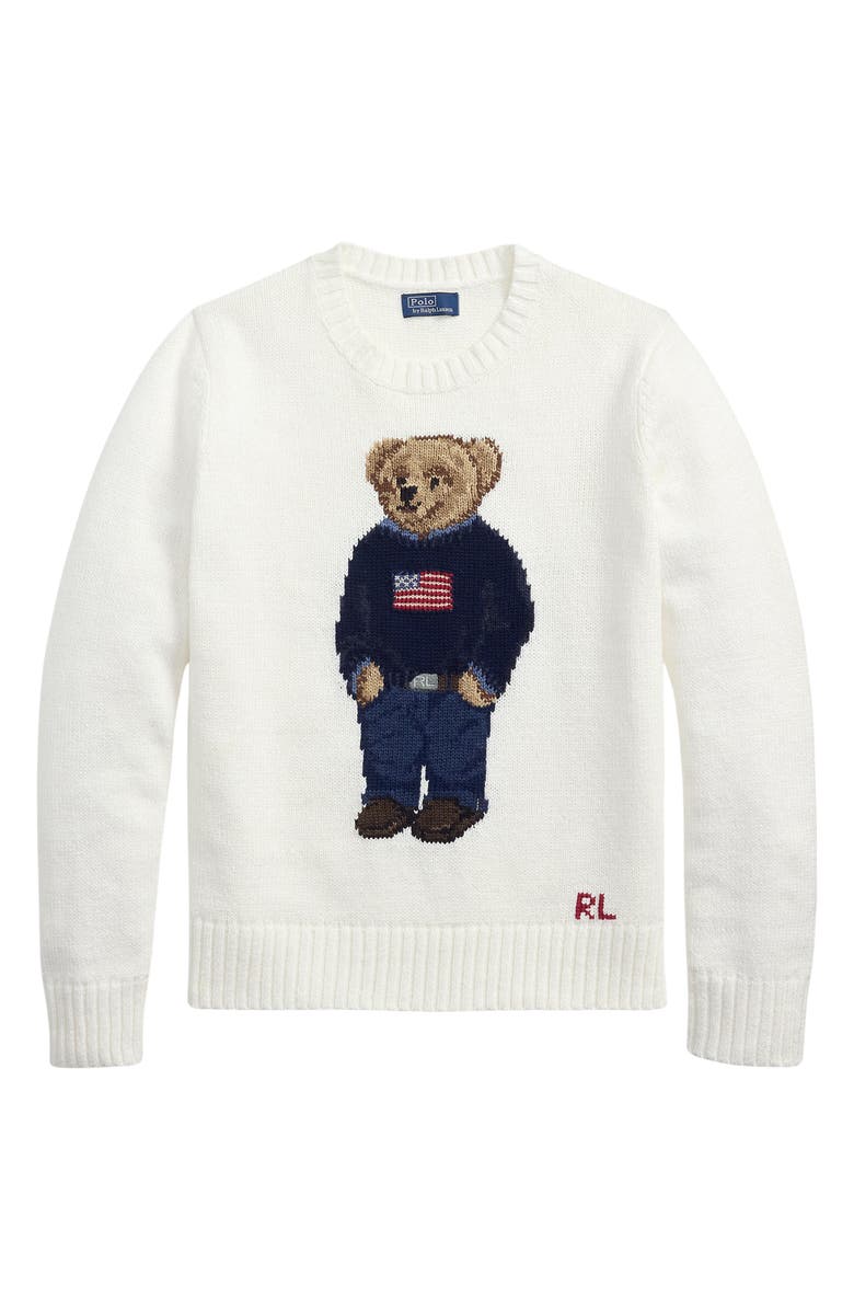 Polo Ralph Lauren Polo Bear Embroidered Linen & Cotton Crewneck Sweater, Alternate, color, Deckwash White Multi