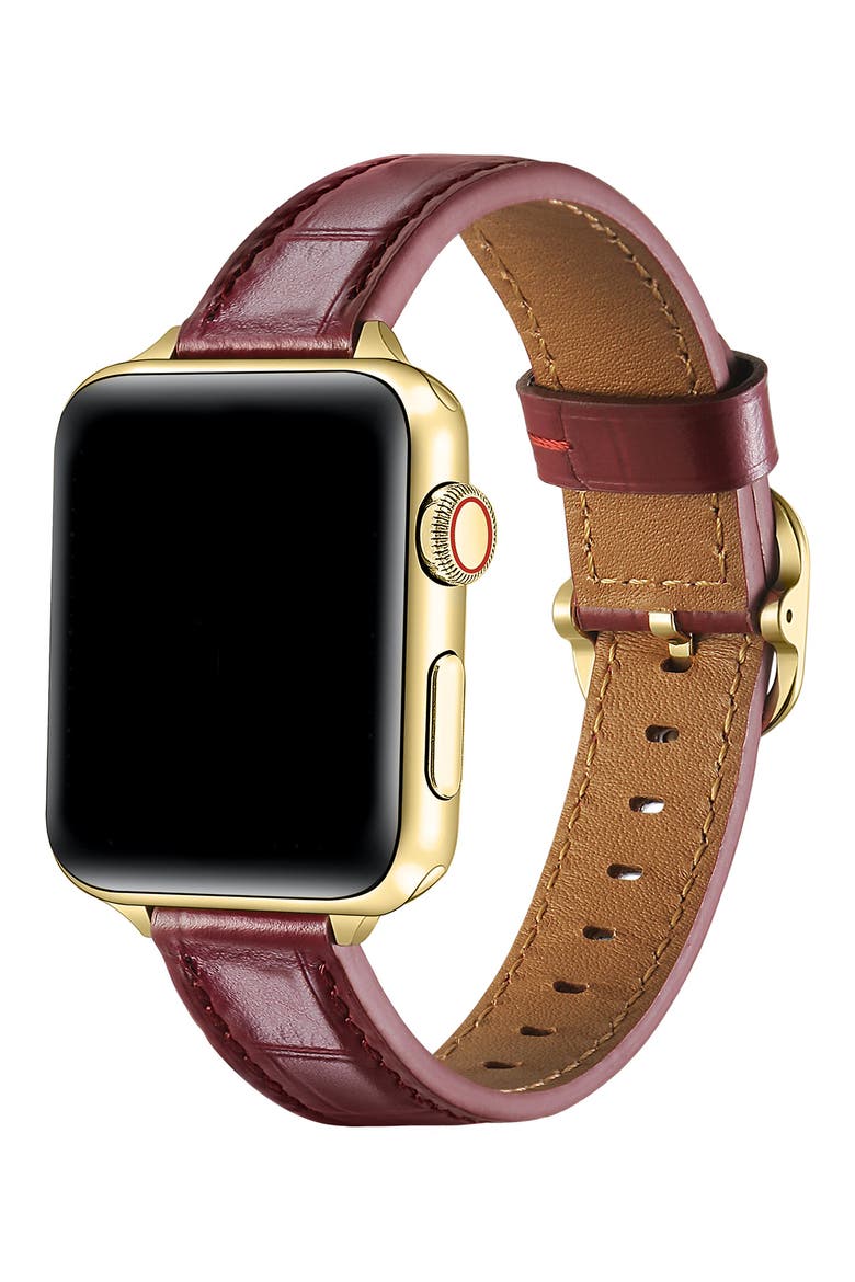 Carmen Skinny Croc Embossed Leather Apple Watch® Watchband, Alternate, color, CHERRY LAQUER