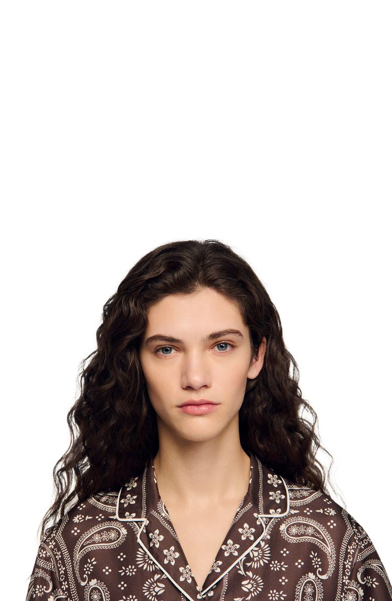 SANDRO Cropped bandana print shirt, Alternate, color, Taupe / White