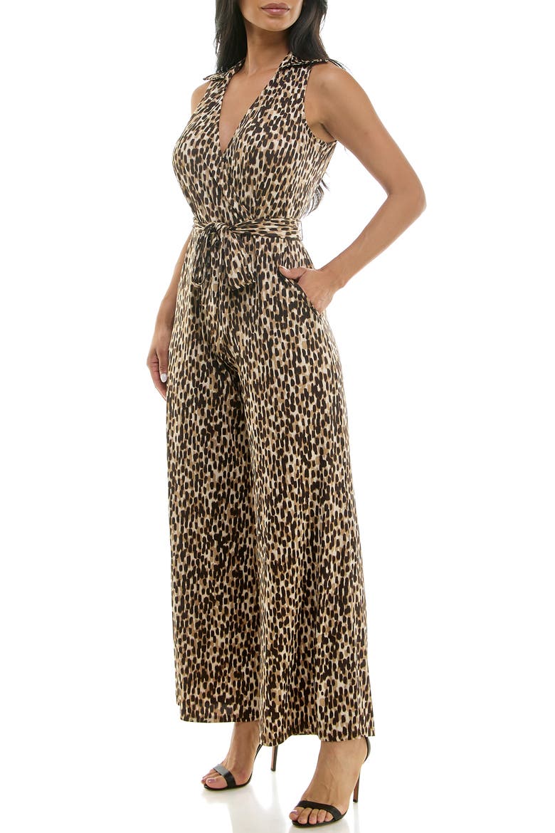 Sleeveless Faux Wrap Jumpsuit, Alternate, color, TAN MULTI